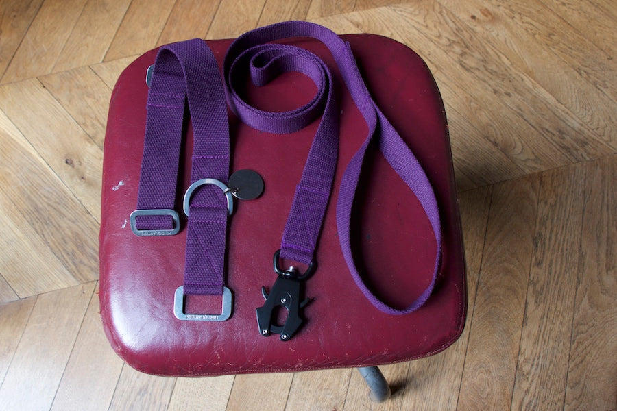 stylish purple dog collar and matching lead made from a comfy cotton weave that is strong but soft to hold with sturdy fastenings